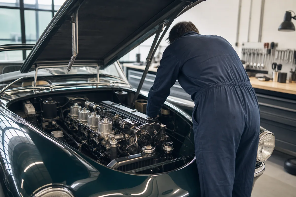 Expert automobile examinant le moteur ouvert d&rsquo;une voiture de collection