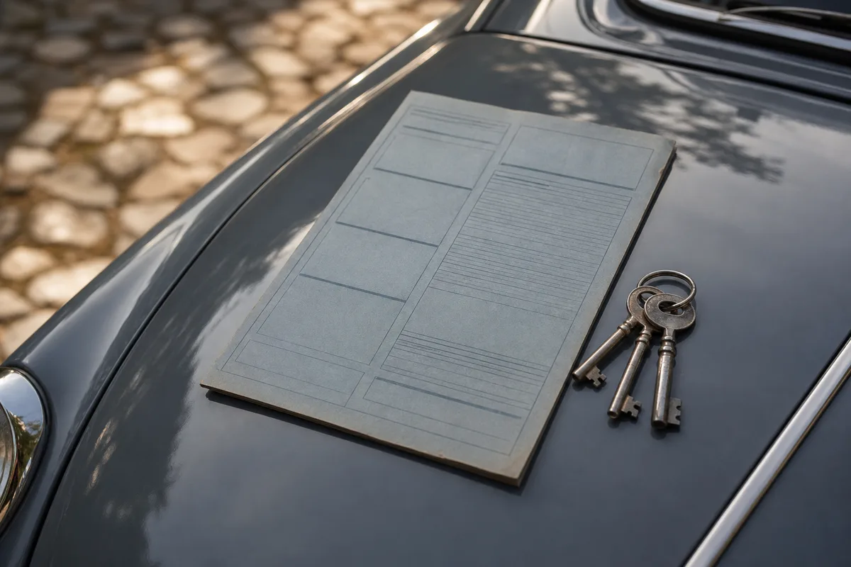 Certificat d&rsquo;immatriculation collection posé sur le capot d&rsquo;une voiture ancienne