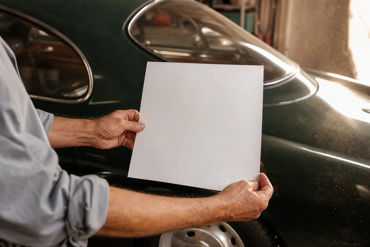 Mains d&rsquo;un propriétaire vérifiant le procès-verbal de contrôle technique de son ancienne