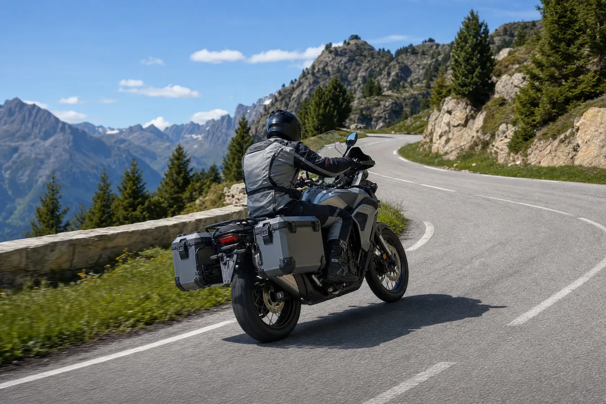 Moto trail au style adventure roulant sur une route de montagne sinueuse, sacoches latérales chargées